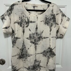 Tie-Dye Linen Short-Sleeve Blouse — Black on White